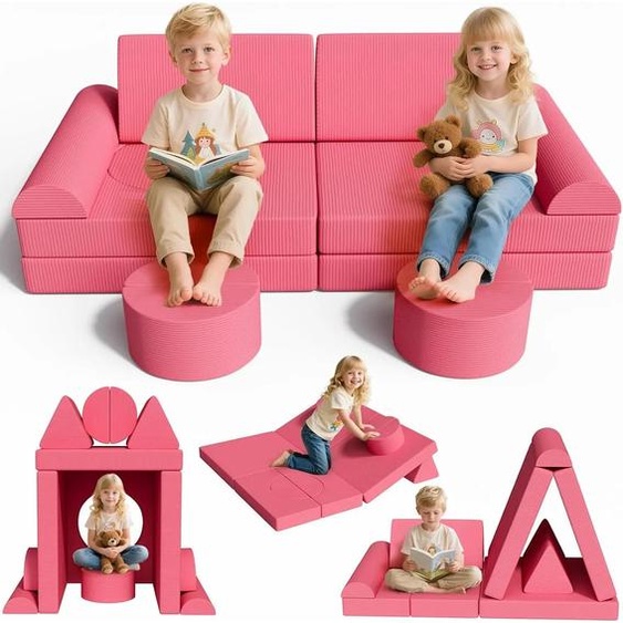 Canapé modulable pour enfants - Ensemble de 14 pièces - Dépliable - Tissu en corde OEKO-TEX - 140×70×44 cm - Rose