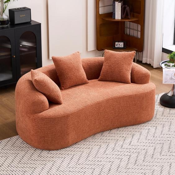 Canapé modulaire incurvé pour deux personnes, de taille compacte, avec trois coussins décoratifs, livré sans montage, idéal pour les petits appartements – couleur corail