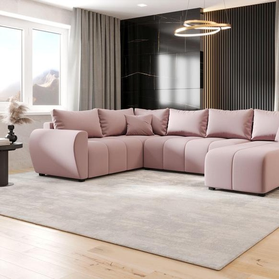 CANAPE MOLISA U PLUS Cosmic 14 Gauche Rose avec fonction sommeil Canapé en forme de U avec coffre de rangement Canapé de salon Canapé-lit Coffre de rangement Canapé-lit