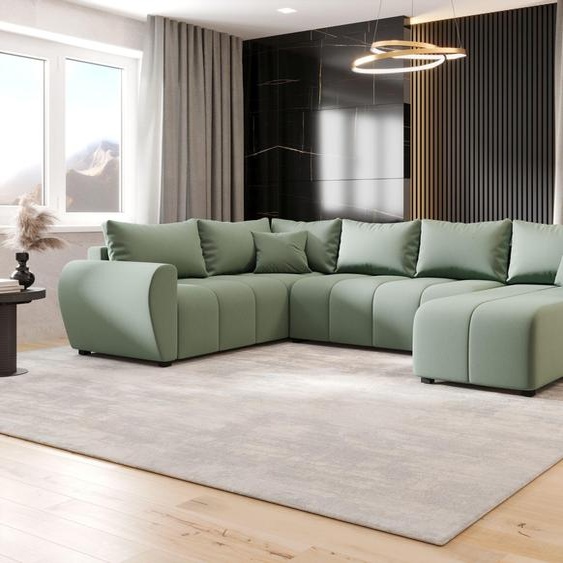 CANAPE MOLISA U PLUS Cosmic 16 Vert clair avec fonction sommeil Canapé en U avec coffre de rangement Canapé salon Canapé-lit Coffre de rangement Canapé-lit