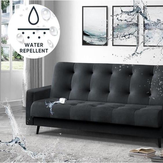 Canapé Nancy BIS trois places avec fonction de couchage canapé box rembourré en velours canapé avec pieds en bois à ressorts, tissu : monolith 97 - gris foncé