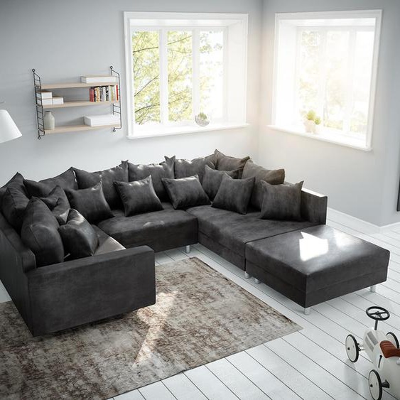 Canapé panoramique Clovis anthracite look antique avec tabouret et accoudoir, Design Canapés panoramiques, Couch Loft, Modulsofa, modular