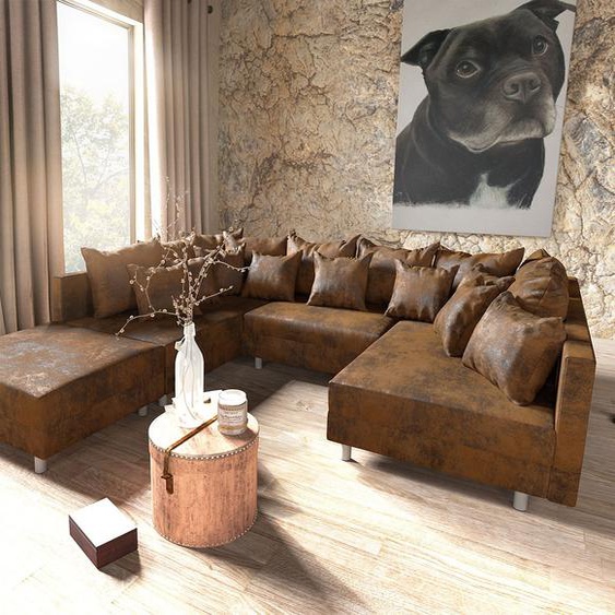 Canapé-Panoramique Clovis Marron look Vintage modulable avec Tabouret, Design Canapés panoramiques, Couch Loft, Modulsofa, modular