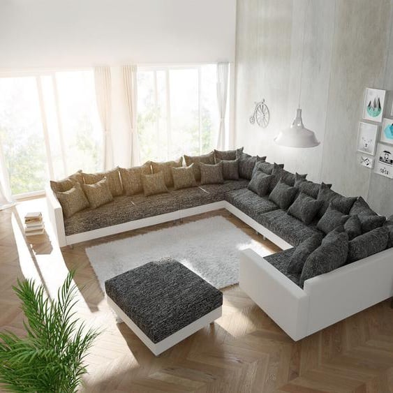 Canapé-panoramique Clovis XXL blanc noir avec tabouret et accoudoirs poufs gauche, Design Canapés panoramiques, Couch Loft, Modulsofa, modular