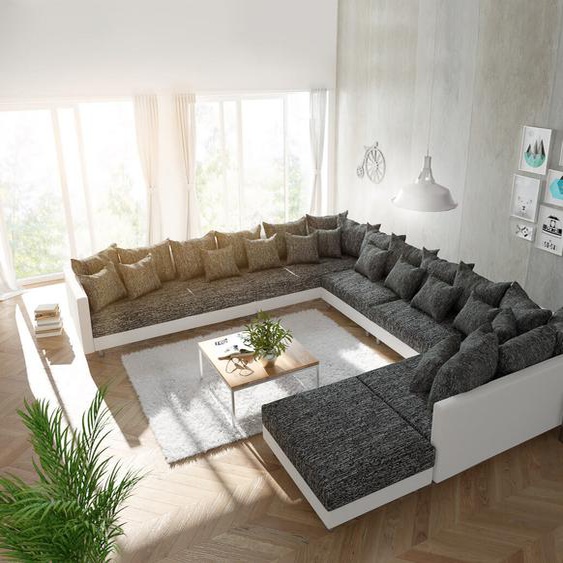 Canapé panoramique Clovis XXL Blanc Noir avec tabouret Pouf gauche, Design Canapés panoramiques, Couch Loft, Modulsofa, modular
