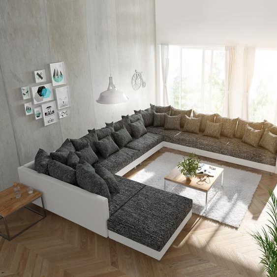 Canapé-panoramique Clovis XXL blanc noir avec tabouret poufs droite, Design Canapés panoramiques, Couch Loft, Modulsofa, modular