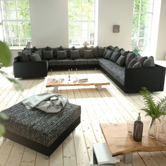 Canapé-panoramique Clovis XXL modulable noir avec tabouret et accoudoirs poufs droite, Design Canapés panoramiques, Couch Loft, Modulsofa, modular