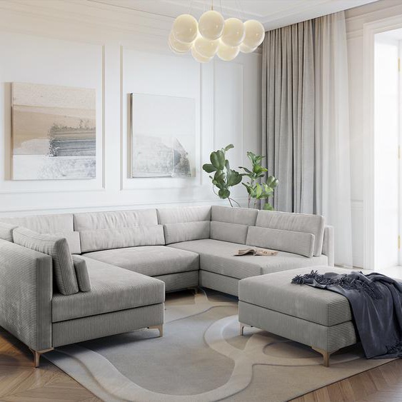 Canapé-panoramique Elio 300x185 cm corde gris argenté avec pouf, Canapés panoramiques