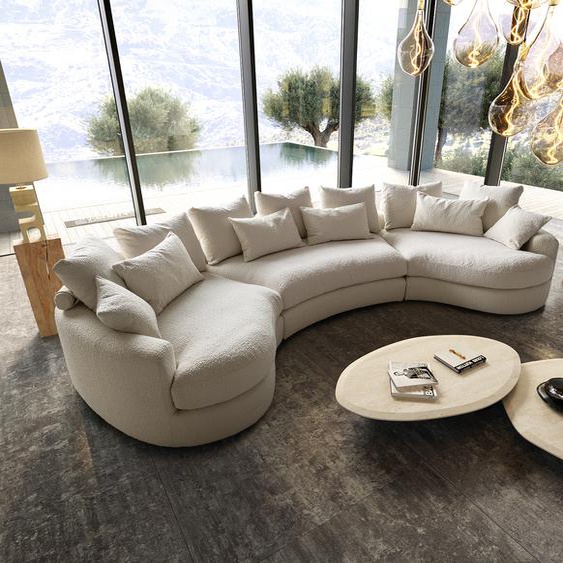 Canapé panoramique Estrea tissu bouclé en crème et blanc 410x155 cm arrondi, Canapés panoramiques