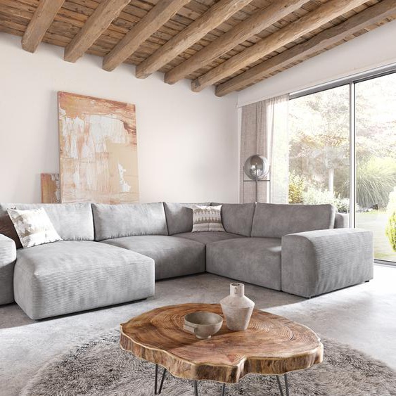 Canapé panoramique Lanzo XL 360x260 cm Cord gris argenté Recamière variable, Canapés panoramiques