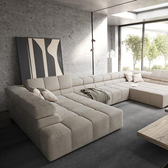 Canapé panoramique Phia 430x220 cm velour côtelé beige, Canapés panoramiques