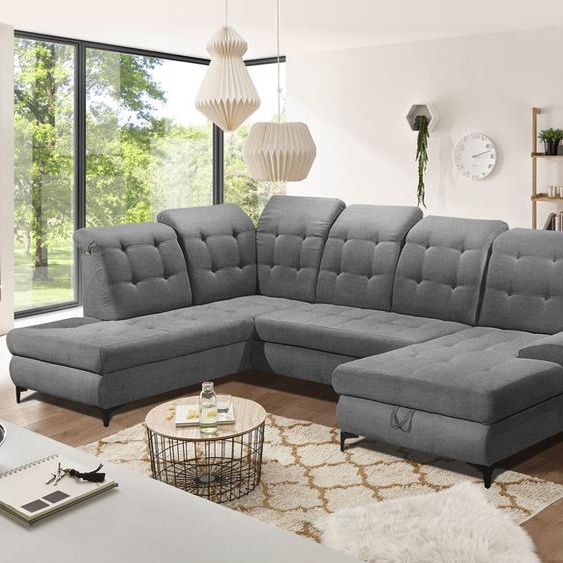 Canapé-panoramique Rhodos 345 x 228 cm Tissu texturé Gris foncé pouf gauche, Canapés panoramiques