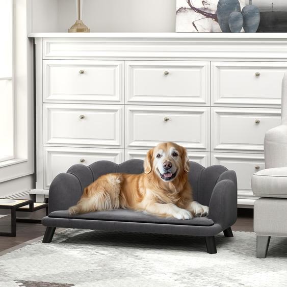 Canapé pour chien avec dossier, housse lavable, adapté aux chiens de taille moyenne jusquà 25 kg, couleur gris foncé | 98,5 x 60,5 x 35,5 cm | Pieds en bois massif