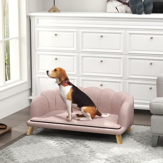 Canapé pour chien avec dossier, lit pour chien à structure en bois rembourrée, canapé pour animal de compagnie, rose | 98,5 x 60,5 x 35,5 cm | jusquà 25 kg | mousse 28D