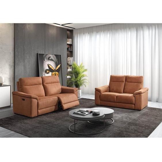 Canapé Relax Electrique - STANLEY - 3 Places + 2 Places Fixe - Tissu Cognac - Confort Moelleux - Style Classique