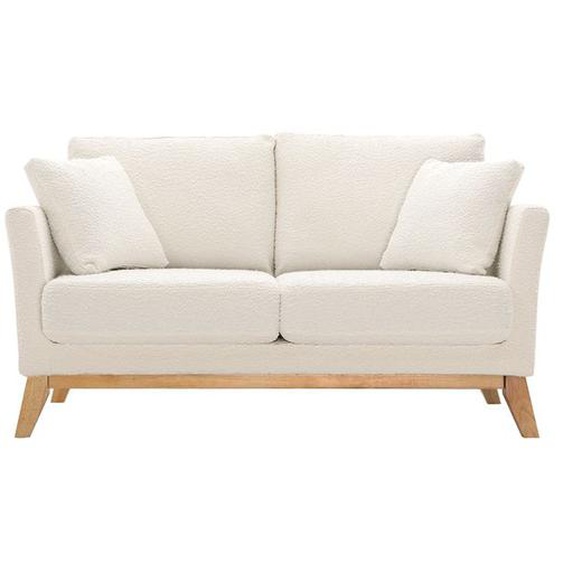 Canapé scandinave déhoussable 2 places en tissu effet laine bouclée blanc cassé et bois clair OSLO