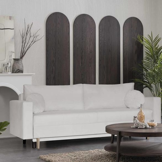 Canapé trois places ALVARO de style scandinave avec fonction de couchage, velours, pieds en bois, ressorts ondulés (tissu : trinity 01 - crème)