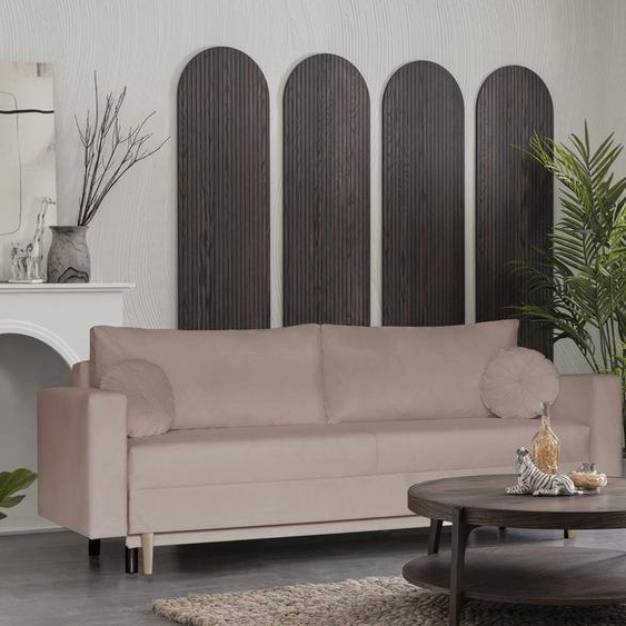 Canapé trois places ALVARO de style scandinave avec fonction de couchage, velours, pieds en bois, ressorts ondulés (tissu : trinity 05 - cappucino)