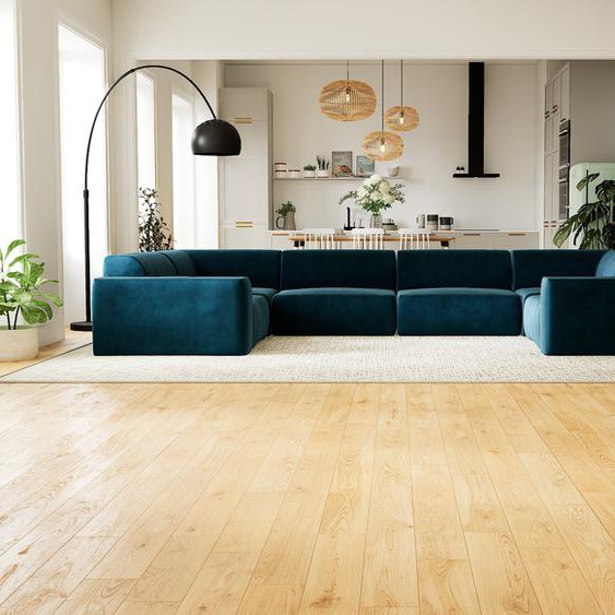 Canapé Velours - Bleu Nuit, forme arrondie, canapé bas et profond pour salon, en tissu sans pieds - 412 x 72 x 239 cm, modulable
