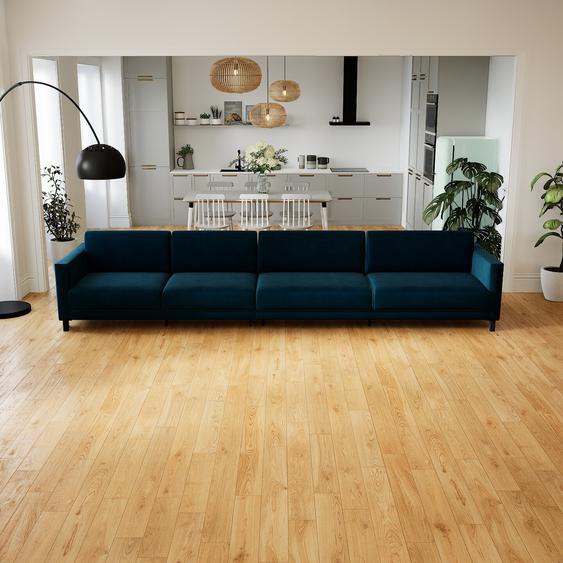 Canapé Velours - Bleu Nuit, modèle épuré, canapé pour salon, en tissu avec pieds personnalisables - 384 x 75 x 98 cm, modulable