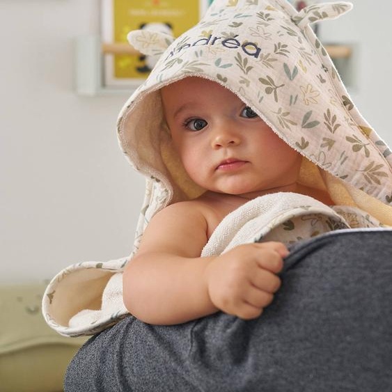 Cape bain gaze de coton personnalisable + gant de toilette BAYOU multicolore