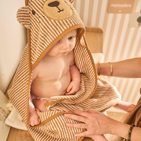 Cape de bain et gant de toilette PETIT OURS, avec coton recylé rayé beige