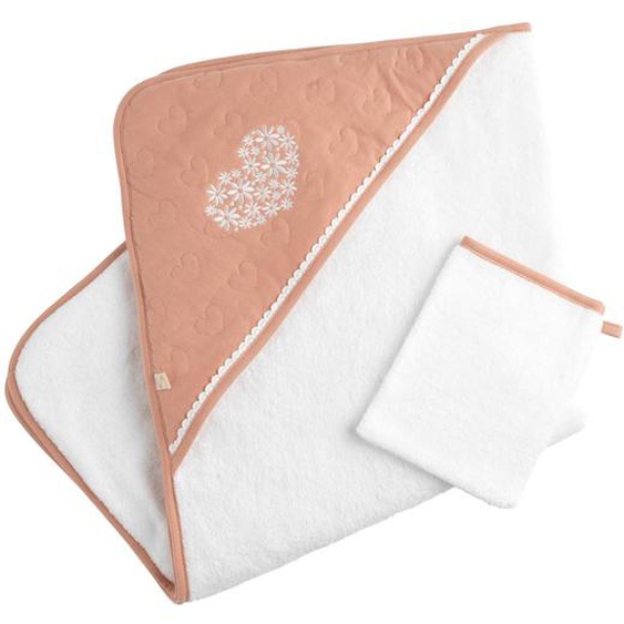 Cape De Bain Et Gant En Coton Matelassé Et Éponge Blanc/rose