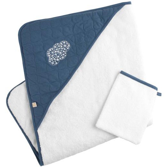 Cape De Bain Et Gant En Coton Matelassé Et Éponge - Petit Coeur Blanc/bleu