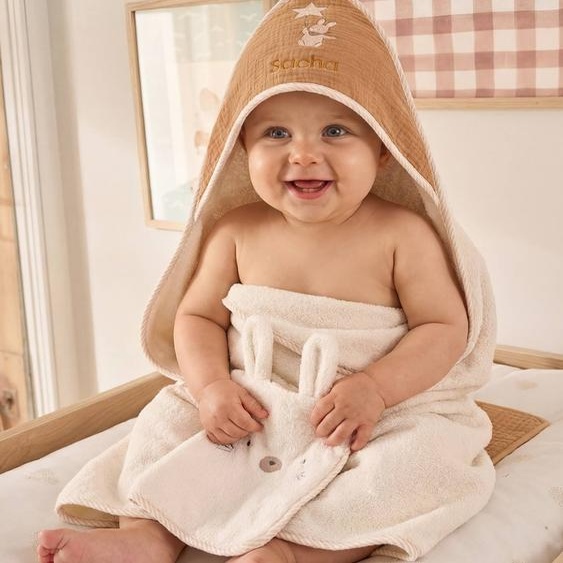 Cape de bain et gant en coton personnalisable noisette