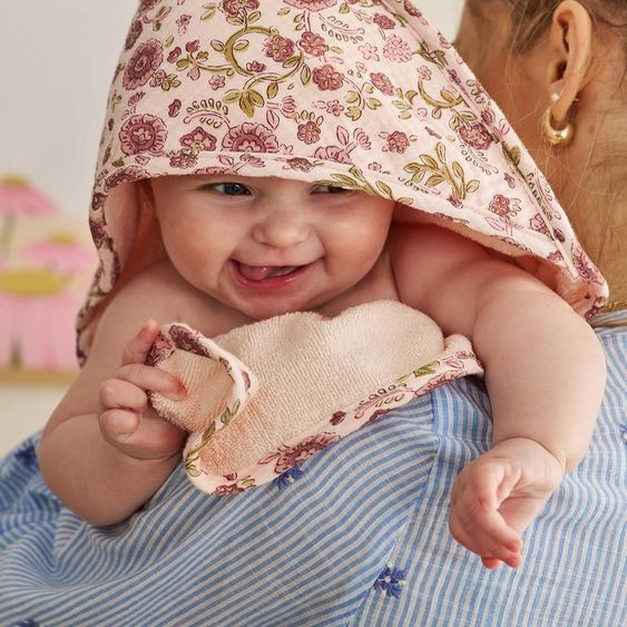 Cape de bain et gant LATIKA rose imprimé