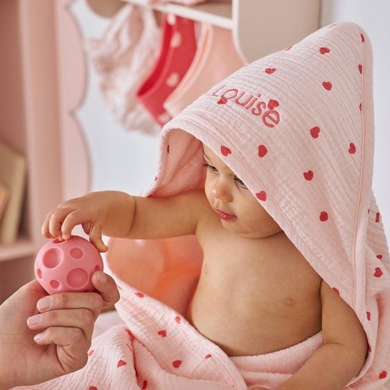 Cape de bain + gant de toilette MON COEUR rose imprimé