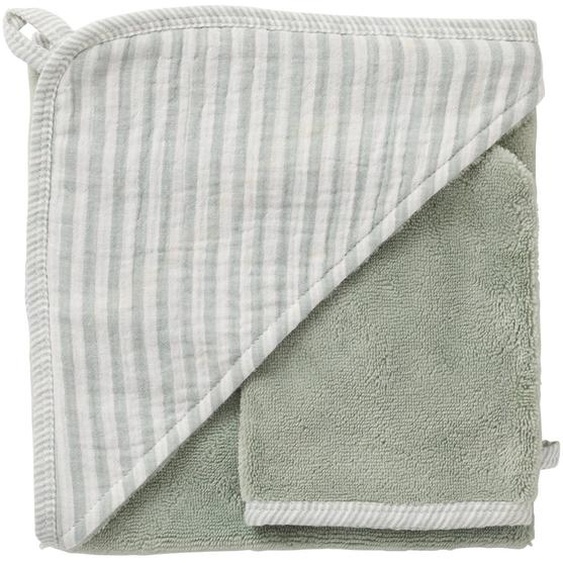 Cape De Bain + Gant Éponge Bambou Et Gaze Rayé Vert De Gris Vert De Gris, Blanc