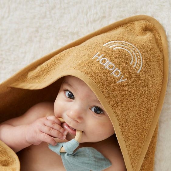 Cape de bain personnalisable et gant de toilette ocre