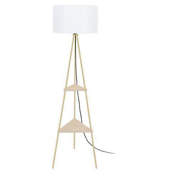 CARDIFF-Lampadaire étagère métal  doré Abat-jour: cylindre tissu blanc 1 ampoule E27 urbain P40xD40xH155cm