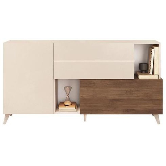 CARLO - Meuble TV 2 portes 1 Tiroir Laqué Beige et Aspect Bois Finition Mercure