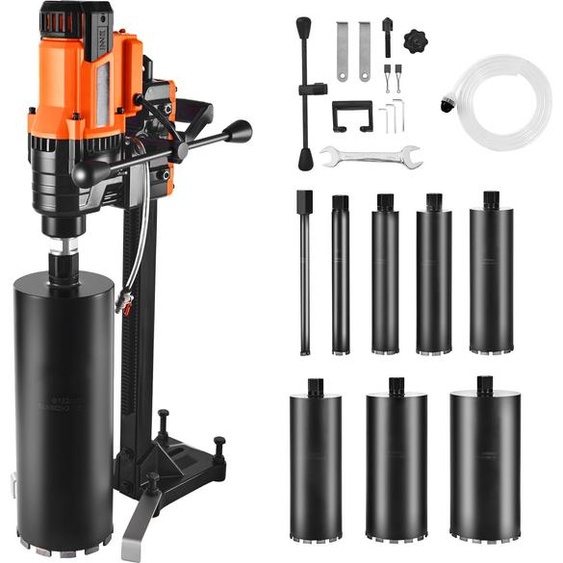 Carotteuse diamantée SucceBuy avec un diamètre de forage de 2 à 20 cm, convient pour le forage à eau et à sec. Équipée de 8 forets et dun support de forage stable, 850 tr/min, filetage UNC1 1/4-7, idéale pour le béton, la brique et la pierre, puissance