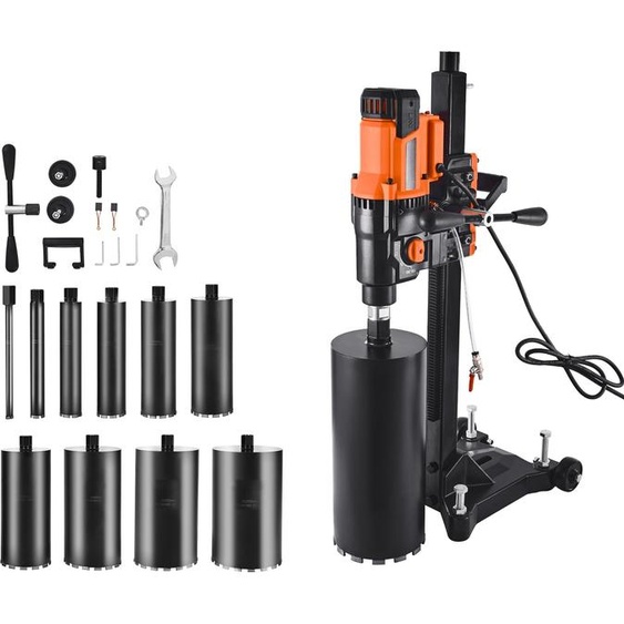 Carotteuse diamantée SucceBuy avec un diamètre de forage maximal de 26 cm, adaptée au forage à eau et à sec. Équipée de 10 forets, dun support de forage et dune vitesse de rotation réglable. Filetage UNC1 1/4-7, idéal pour le béton et la brique, puissance