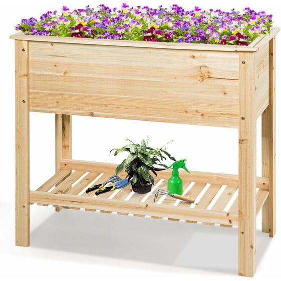 Carre Potager sur Pieds, Jardiniere Rectangulaire en Bois pour Legumes, Herbes, Fleurs, Lit Sureleve avec Etagere pour Jardin, Terrasse, Balcon,