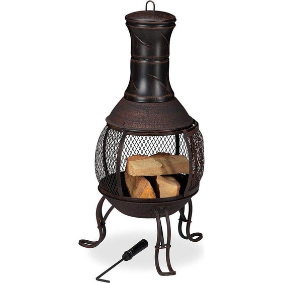 Carreaux de terre cuite anciens - Barbecue à bois - Tube métallique - Pare-fumée - Ancien poêle de terrasse - Hauteur 89 cm - Doré - 89 x 45 x 45 cm