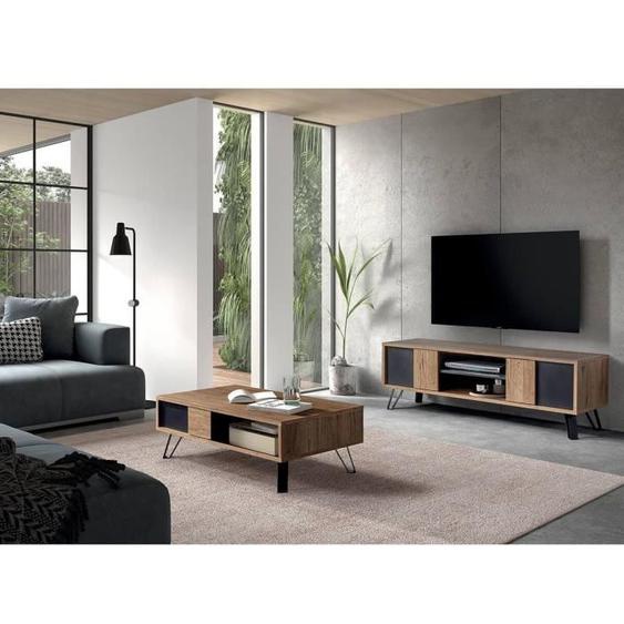 Ensemble Salon - ALTOBUY - Carson - Meuble TV 2 Portes - Table Basse 1 Tiroir - Métal Noir
