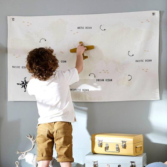 Carte du Monde mappemonde murale tissu écru