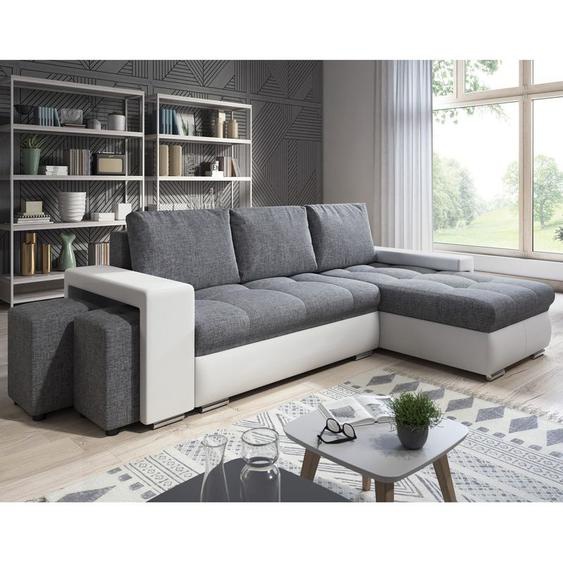 Casa Baoli - Canapé Angle Convertible + 2 Poufs Simon - Blanc et gris