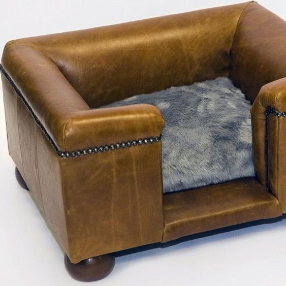 Casa Padrino Lit en cuir de luxe pour chien Vintage Marron / Marron foncé / Gris 65 x 55 x H. 31 cm - Lit rectangulaire en cuir véritable - Meubles de luxe pour animaux en cuir véritable