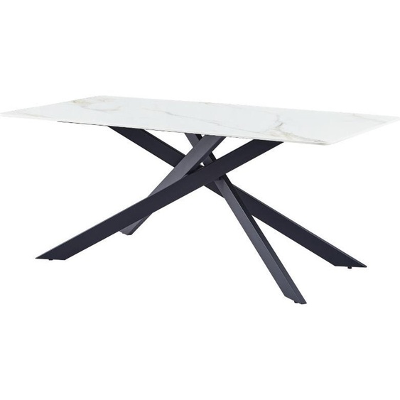 CasaDolce Table de salle à manger MARIANNE 1.6, blanc avec lignes dorées, 160x90x75 cm, plateau de table en pierre frittée, motif marbre, pieds en métal