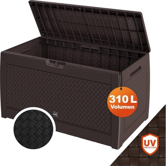 Casaria Coffre de Rangement Aspect osier Brun Malle 310 litres Stockage Coussins avec roulettes Extérieur Jardin