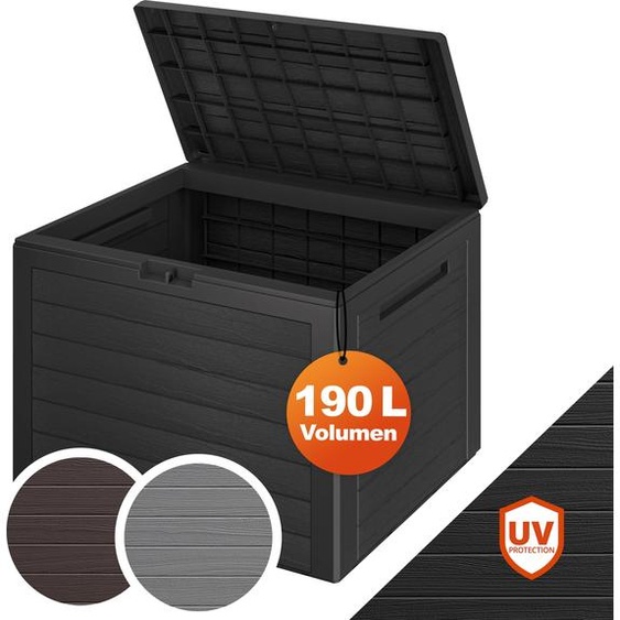 Casaria® Coffre de Jardin Exterieur 190 L Anthracite - Caisse de rangement étanche Effet Bois - Malle avec poignées latérales pour Jardin Terrasse ou Balcon