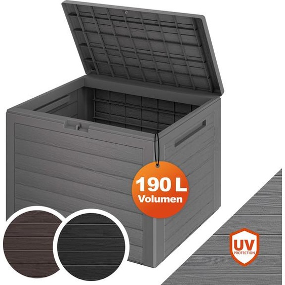Casaria® Coffre de Jardin Exterieur 190 L Gris - Caisse de rangement étanche Effet Bois - Malle avec poignées latérales pour Jardin Terrasse ou Balcon
