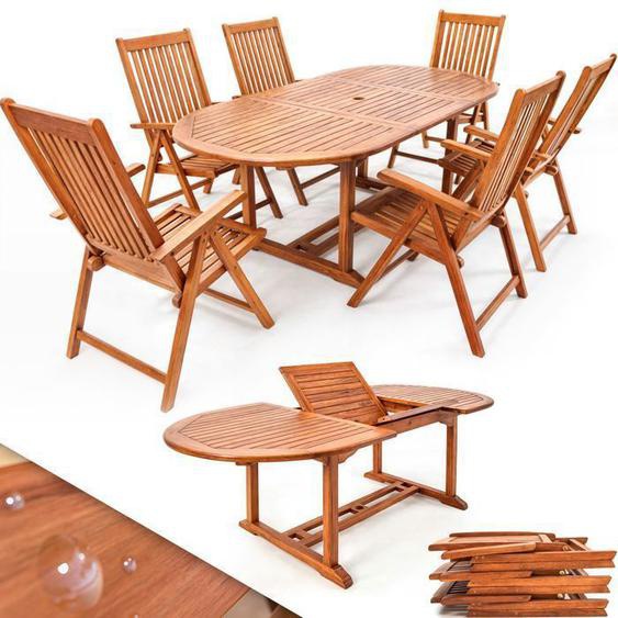 CASARIA® Ensemble de salon de jardin Vanamo 1 table extensible type papillon 6 chaises bois deucalyptus certifié FSC®