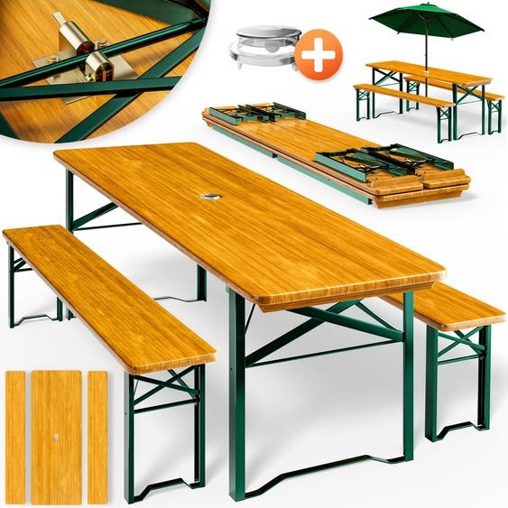 CASARIA® Ensemble table et bancs en bois de brasserie 170x46x75cm pliable Meubles de jardin 3 pièces avec support parasol