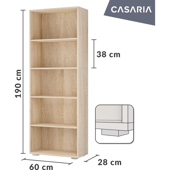 CASARIA® Étagère Bibliothèque Multi-Usage MDF Chêne 28x60x190cm, Meuble De Rangement Moderne 5 Compartiments, Etagere De Rangement Salon Bureau Chambre
